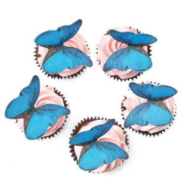 Imagem de 48 peças de papel wafer comestível borboleta cupcake decoração de bolo para casamento, aniversário, chá de bebê, suprimentos de festa decoração de alimentos (azul)