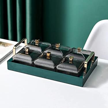 Imagem de Prato de lanche de plástico com bandeja, pratos de servir divididos, bandeja para saborear 6 tigelas removíveis para aperitivo, sobremesa, frutas, doces, lanches, verde