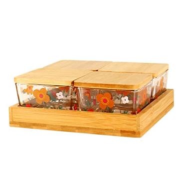 Imagem de Bandeja de servir de madeira com tampas, tigelas de vidro para servir, pratos divididos para frutas, vegetais, lanches, aperitivos, batatas fritas, 4 compartimentos