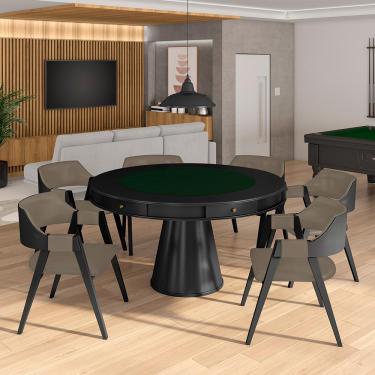 Imagem de Conjunto Mesa de Jogos Carteado Bellagio Tampo Reversível e 6 Cadeiras Madeira Poker Base Cone PU Nude/Preto G42 - Gran Belo