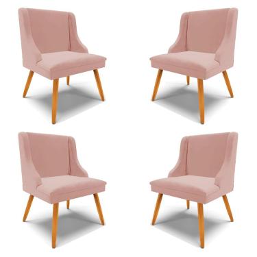 Imagem de Kit 4 Cadeiras Decorativas Sala de Jantar Pés Palito de Madeira Firenze Veludo Rosê/Natural G19 - Gran Belo