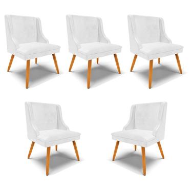Imagem de Kit 5 Cadeiras Decorativas Sala de Jantar Pés Palito de Madeira Firenze PU Branco Brilho/Natural G19 - Gran Belo