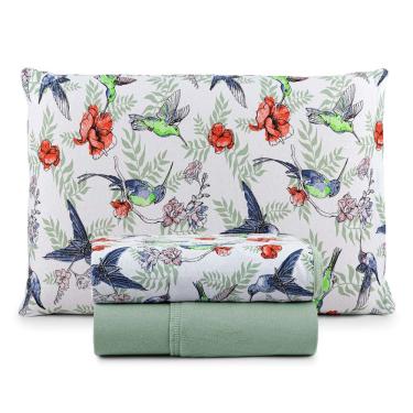 Imagem de Jogo de Lençol Luar Solteiro 3 Peças Malha 100% Algodão Estampado - Verde Birds