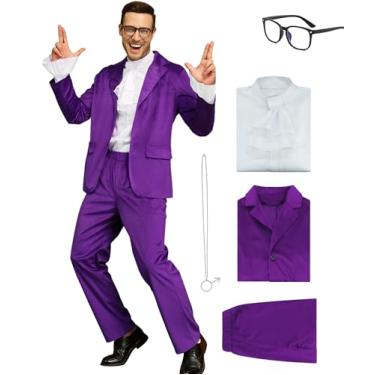 Imagem de JQAKFIY Fantasia masculina Austin Power dos anos 80, 90, cafetão, fantasia de espião dos anos 60, roupa azul ou roxa, swinger com óculos, Roxa, M