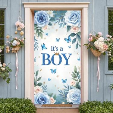 Imagem de It's A Boy Banner Decorações de chá de bebê menino Banner de porta Welcome Baby Boys capa de porta de revelação de gênero banners cabine de fotos profissionais para chá de bebê recém-nascido festa de