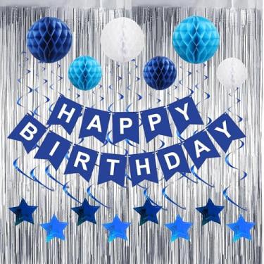 Imagem de Decorações azuis de festa de aniversário, faixa de feliz aniversário com cortinas, bolas de colmeia e estrelas, serpentinas penduradas, decorações de festa de feliz aniversário para mulheres, homens