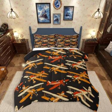 Imagem de Erosebridal Jogo de cama solteiro com desenho de aeronave moderna, avião a hélice, para decoração de quarto de crianças, meninos e homens, edredom preto com 1 fronha, 2 peças
