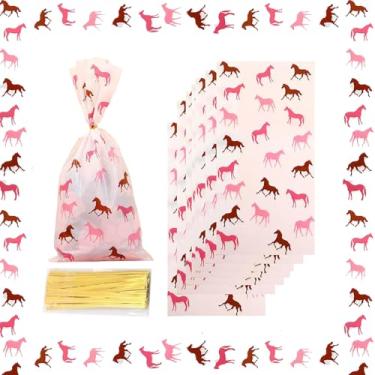 Imagem de 50 sacos de guloseimas rosa cavalo celofane sacos de doces de plástico para corrida de cavalos sacos de armazenamento de presentes para tema de cavalos suprimentos de festa de aniversário