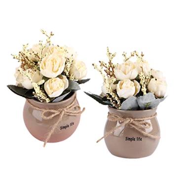 Imagem de Flores Falsas Com Vaso, 2 Peças De Arranjo De Rosas De Seda De Cor Creme Flores Artificiais De Fazenda Com Pequeno Vaso De Cerâmica Para Home Office