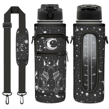 Imagem de Garrafa de água Goth Black Moon de 1,8 litro com manga - Top sem BPA 946 ml - Marcador de tempo motivacional à prova de vazamento - Presentes góticos para mulheres - Lua de Halloween para presentes