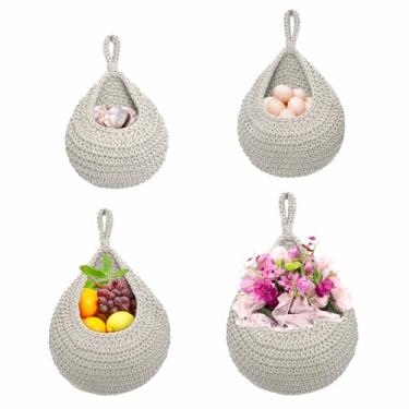 Imagem de Cesta de armazenamento de parede de corda de algodão tecida à mão versátil montada na parede para frutas e vegetais (branca)