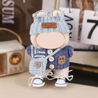 Imagem de Conjunto de roupa de malha compatível com Labubu 15 cm/17 cm (boneca não incluída) - chapéu de malha azul, suéter listrado, bolsa, óculos transparentes e tênis pretos, acessórios de boneca (azul)