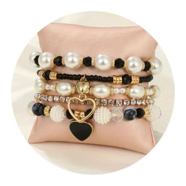 Imagem de Conjunto de pulseiras com contas para mulheres, boêmio, multicolorido, elástico, pérola, coração, cristal, elástico, joias, presentes, One Size, Liga de aço, Sem Pedra Preciosa
