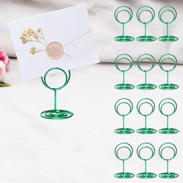 Imagem de 12 porta-números de mesa, porta-cartões de lugar, porta-cartões de mesa pequenos, porta-cartões de visita, porta-fotos de arame para recepção de casamento, festa de aniversário, verde redondo
