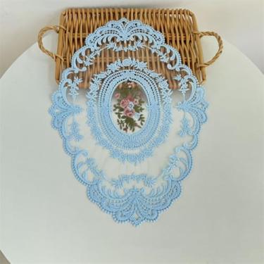 Imagem de Jogo americano retrô de renda, doilies de crochê franceses, tapetes de mesa bordados feitos à mão, 29 x 38 cm, tapete de copo azul celeste