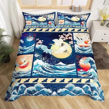 Imagem de Feelyou Jogo de cama solteiro com estampa de onda, japonês, guindaste japonês, para crianças, meninos, meninas, flores de cerejeira, oceano, estilo japonês, xadrez, sem edredom