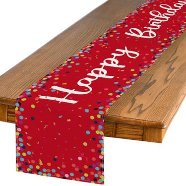 Imagem de Caminho de mesa de feliz aniversário de bolinhas vermelhas, decoração de mesa de jantar de cozinha de Natal sazonal para decoração de festa em casa 33 x 182 cm