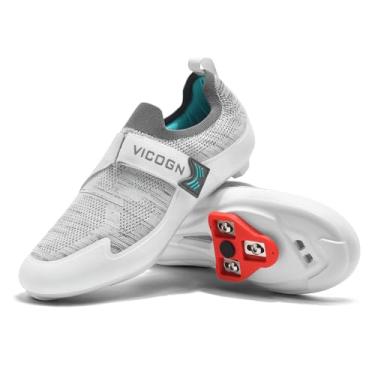 Imagem de Vicogn Tênis masculino feminino de ciclismo para uso interno compatível com Peloton Bike pré-instalado com Look Delta Cleats Clip em calçados de bicicleta de estrada ao ar livre (cinza, EUA 6) 39