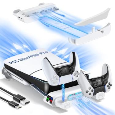 Imagem de Tokluck Suporte de resfriamento PS5 Slim/Pro compatível com PlayStation 5 Pro/Slim Disc e console digital, suporte PS5 com carregador de controle duplo e ventilador de resfriamento de 3 níveis