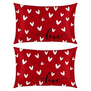 Imagem de Horaldaily Valentine King Size Conjunto de 2 fronhas de cetim para pele e cabelo, mini corações vermelhos do amor suaves e macios semelhantes a fronhas de seda para cama de sofá e sofá, presentes