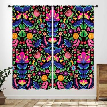 Imagem de Cortinas florais boho, vintage, retrô, Fiesta, Cinco de Mayo, colorido, mexicano, flores tradicionais, tratamento de janela para quarto, sala de estar, cozinha, banheiro, 2 painéis, 106 x 113 cm