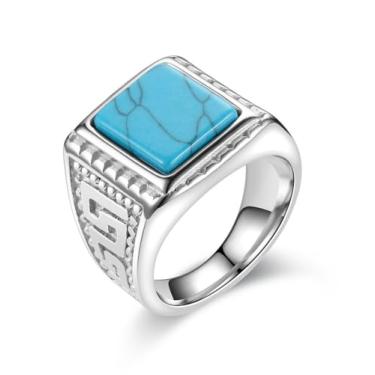 Imagem de FYNSBLE Anéis vintage turquesa fosca para homens, aço inoxidável 316L, turquesa, sinete de presente para homens, pai, ajuste confortável, tamanho 8-13, Aço inoxidável, Turquesa