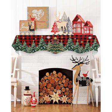 Imagem de Cachecol de cornija de árvore de Natal para lareira, capa de pano de lareira de floco de neve xadrez vermelho e preto, 177 x 43 cm, toalhas de mesa para sala de estar, decoração de penteadeira
