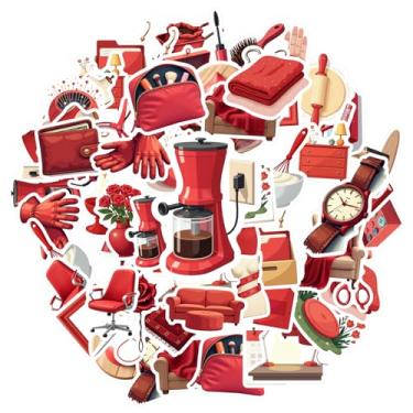 Imagem de 50 peças itens vermelhos objetos diários decoração de casa pacote de adesivos engraçados decorativos à prova d'água graffiti para telefone faça você mesmo, laptop, scrapbook, bicicleta, faça você