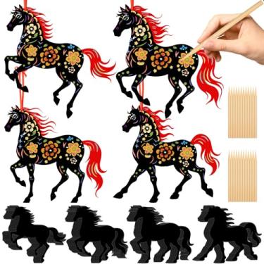 Imagem de Demonwer 48 conjuntos de artesanato de cavalo de ano novo chinês, arco-íris, faça você mesmo, conjunto de raspadinhas de ano novo lunar com 24 canetas de madeira Stylus 48 fitas para decoração de casa