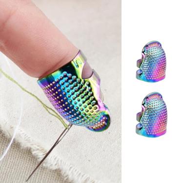 Imagem de 2 peças ajustáveis de metal para costura de dedal, protetor de dedo de dedal, anel superior aberto, escudo de ponta de dedo para bordado de acolchoamento, ferramenta de costura à mão (colorido, P + M)