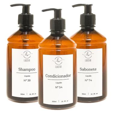 Imagem de Kit Frasco Ambar Banheiro Minimalista 3 Pçs Shampoo