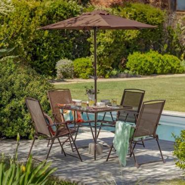 Imagem de Conjunto De Jardim 6 Pecas Mesa Cadeiras E Ombrelone Marrom - Brazil H