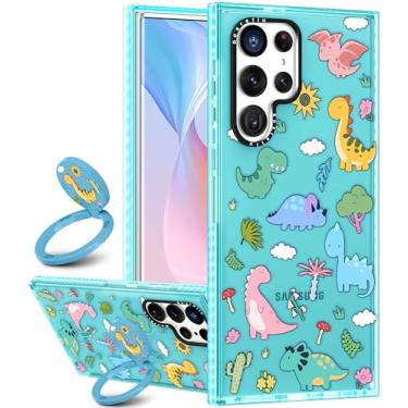Imagem de Boaretiu Capa fofa Kawaii para Samsung Galaxy S24Ultra com suporte - Design de suporte de anel giratório adesivo de 360° para mulheres meninas femininas para Samsung Galaxy S24Ultra, dinossauro