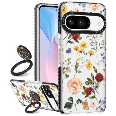 Imagem de Boaretiu Capa fofa Kawaii para Google Pixel 9/9Pro com suporte - Design de suporte de anel giratório adesivo de 360° para mulheres meninas femininas para Google Pixel 9/9Pro, flor retrô