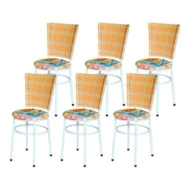 Imagem de 6 Cadeiras Para Mesa Branca Hawai Palha Assento Floral Cor:happy Hour