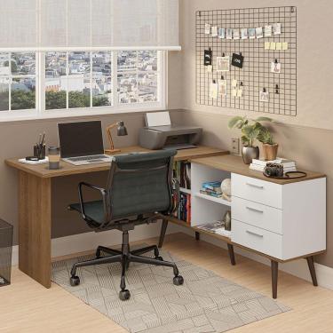 Imagem de Escrivaninha Mesa De Escritório De Canto 3 Gavetas Branco/rustic Lisboa Madesa