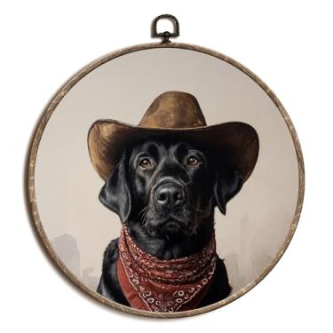 Imagem de laveliabel Chapéu de cowboy preto labrador retriever arte em tela redonda, decoração de parede, presente para amantes de cães, decoração de parede redonda ocidental moderna para casa quarto banheiro