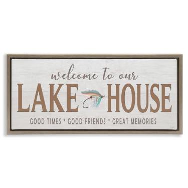 Imagem de Stupell Industries Arte de parede em tela flutuante com moldura marrom rústica Lake House, design da Seven Trees Design, 28 x 63 cm