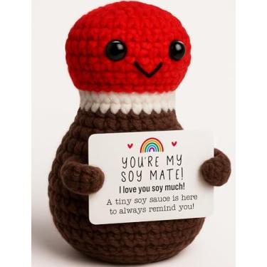 Imagem de Crochet Soy Sauce Soulmate Gift – Cute Handmade Knitted Plush with “Soy Mate” Card – Funny Romantic Valentine’s for Boyfriend, Girlfriend, Wife, Husband, Couple