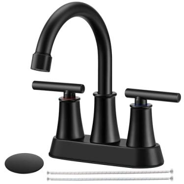 Imagem de Torneira de banheiro preta para 3 furos, Homikit 10 cm de aço inoxidável 18/10 torneira de pia de banheiro, torneiras de banheiro de banheiro de 2 alças com ralo pop-up e 2 mangueiras de água