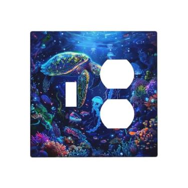 Imagem de SgEdao Capas decorativas para tomada de criaturas marinhas, água-viva, tartarugas marinhas, capa de placa de parede de 2 gangues, conjunto duplex, combo com dois interruptores de luz, placa jumbo