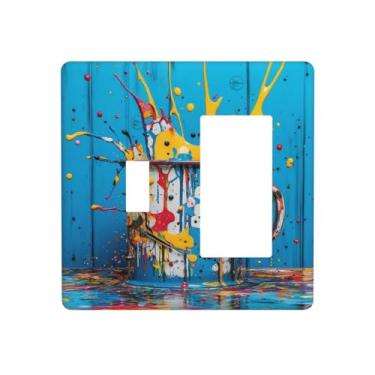 Imagem de LuHuoLu Capas de tomada decorativas, respingos de tinta colorida, prancha de madeira azul, 2 Gang, 1 Gang, capa de parede, interruptor único, interruptor de luz, placa frontal