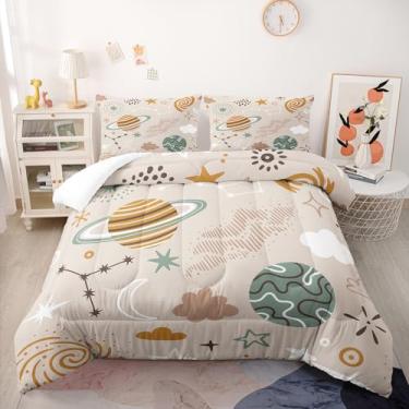 Imagem de Conjunto de edredom com estampa de planeta e nuvens, tamanho casal, para crianças, adolescentes e adultos, 100% microfibra macia, conjunto de colcha com 1 edredom e 2 fronhas