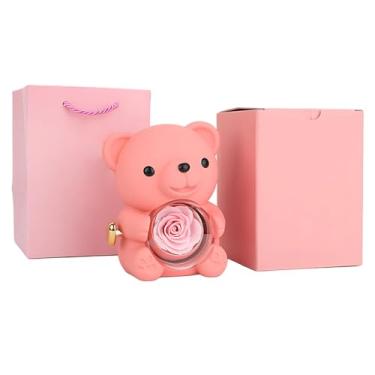 Imagem de Caixa de presente com flores eternas de urso rosa, urso rosa para namorada, presentes ideais para o dia dos namorados, suporte encantador de joias, inclui bolsa de presente