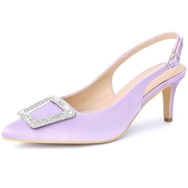 Imagem de Perphy Sandálias femininas de salto agulha de strass com fivela de cetim e bico fino, Roxa, 38