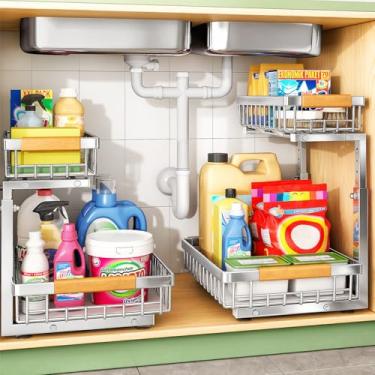Imagem de Organizador sob a pia, aço inoxidável, 2 pacotes, organizadores e armazenamento sob a pia de 2 níveis, prateleira deslizante para armário de cozinha, banheiro, despensa, armário, organizador de