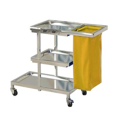 Imagem de TRGCJGH Carrinho de limpeza de aço inoxidável, carrinho de limpeza comercial, carrinho de limpeza de 3 prateleiras, carrinho de esfregão de grande capacidade com saco de vinil 65L (M, amarelo)