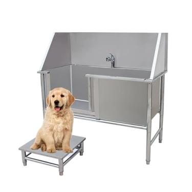 Imagem de Estação de banheira de aço inoxidável para cuidados com cães, banheira de lavagem de cães, salão de beleza para pet shop, com porta deslizante de escadas (119 cm)