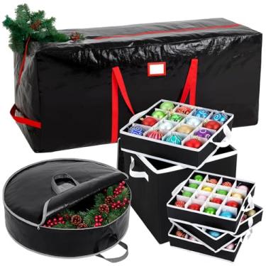 Imagem de Pinkunn Conjunto de armazenamento de Natal com 3 peças, inclui bolsa de armazenamento de árvore de 2,3 m e bolsa de guirlanda de 76 cm e caixa de enfeite com divisórias, comporta 64 bolas para