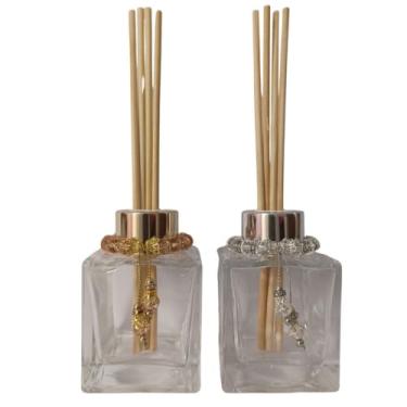 Imagem de 2 Frascos De Vidro Cubo Transparente 100ml C/Tampa Para Aromatizador+Varetas+Pingente Decorativo